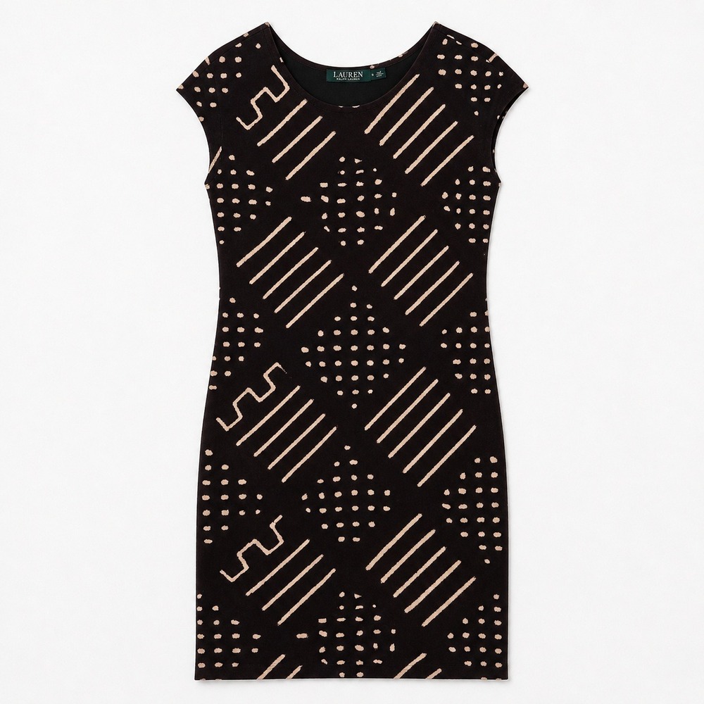 Lauren Ralph Lauren Brown Mudcloth Geometric Cap Sleeve Sheath Dress S Quiet Lux